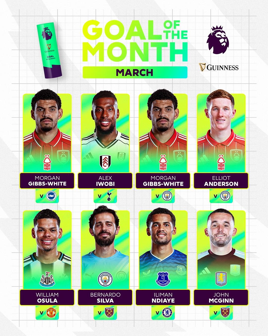 Guinness 英超3月最佳进球候选名单公布，你认为哪球最为精彩？

🌳吉布