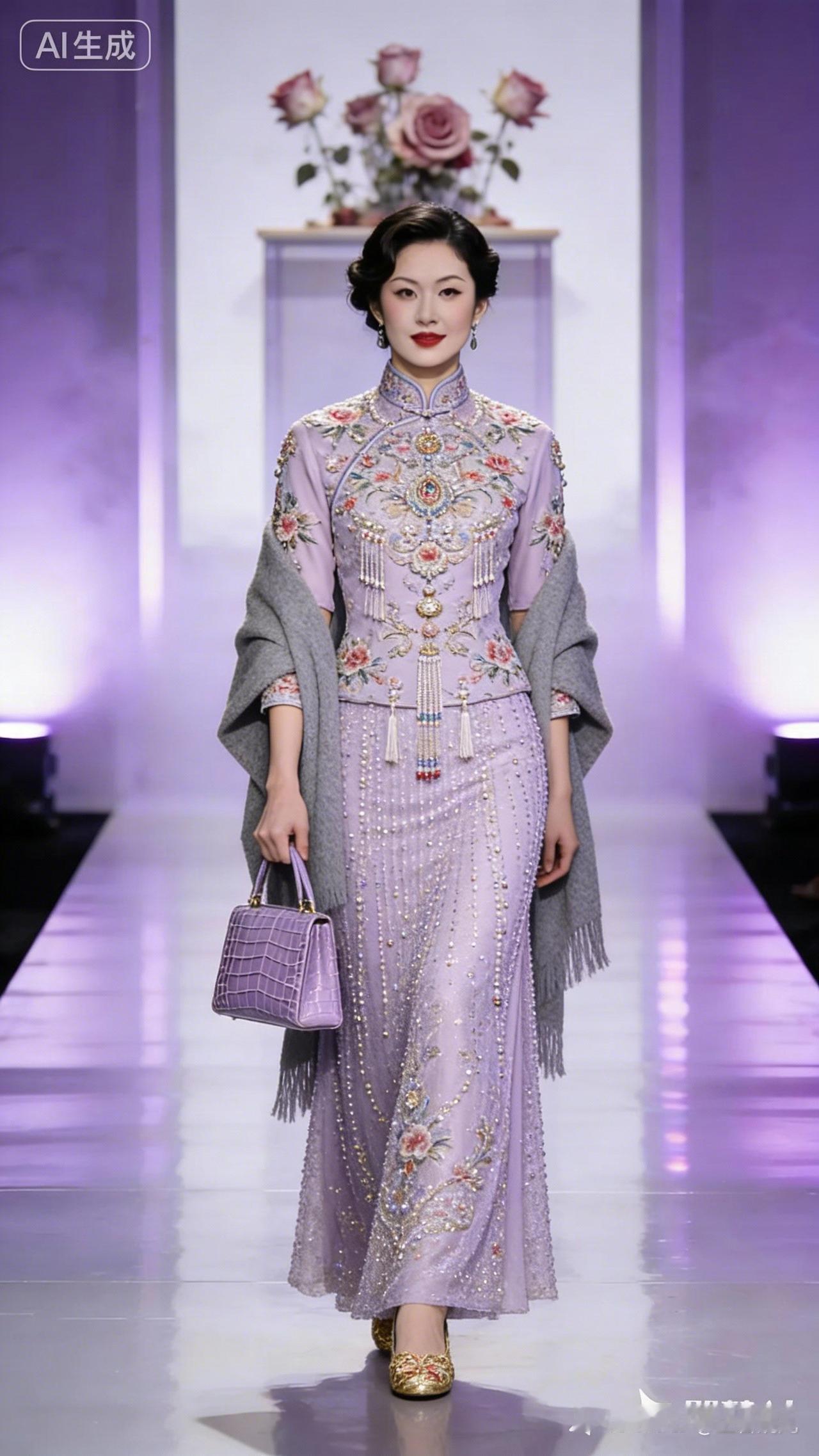 这姑娘穿着华丽的紫色旗袍，走在T台上。