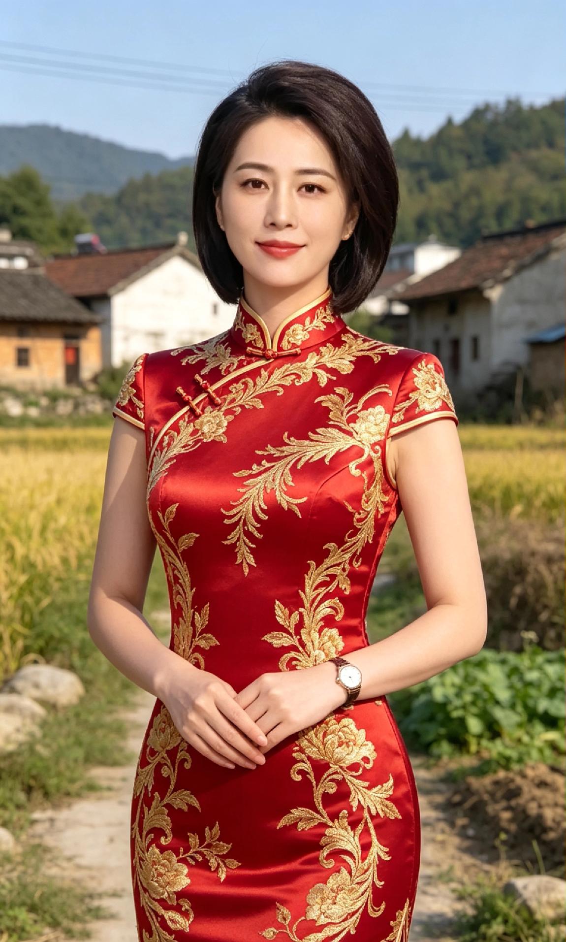 红衣美人立，金绣映芳颜。