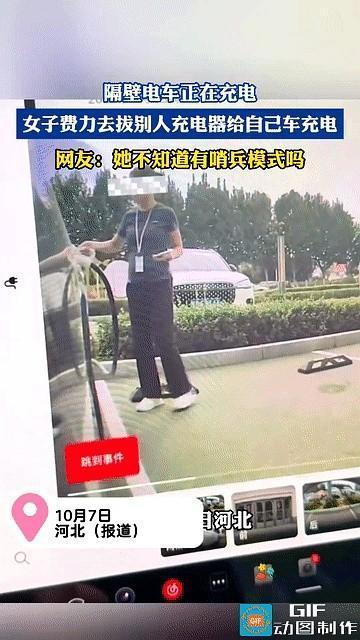 一陌生女子过来想要拔掉正在充电的电车充电器，给自己车充电，结果拔了两次都没拔掉。