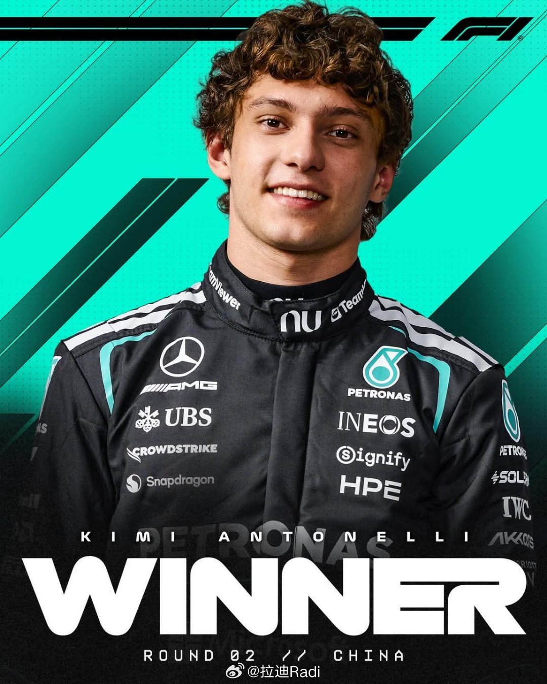 小KIMI夺得f1中国大奖赛 冠军！安东内利以 19岁6个月21天 的年龄，成为