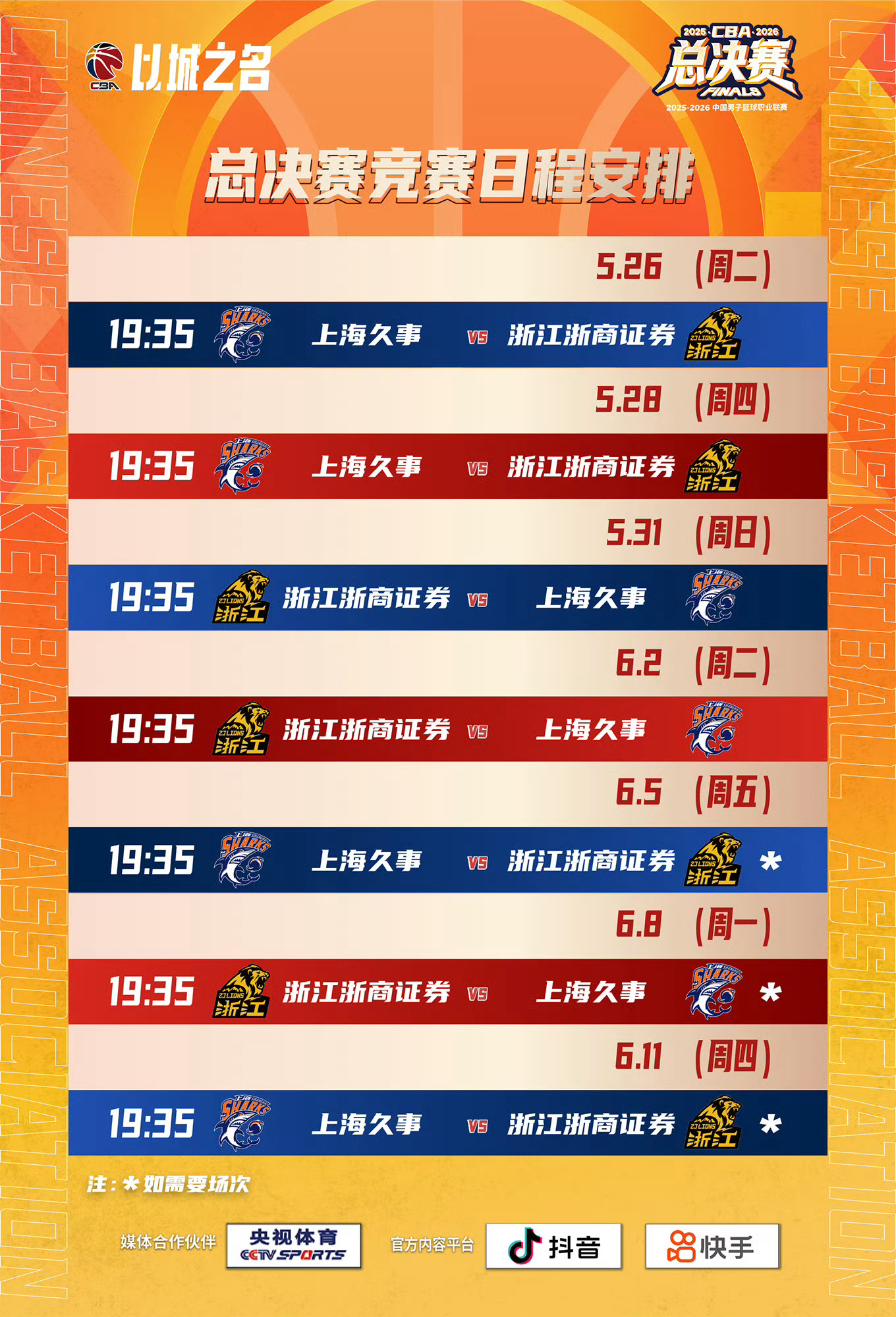 2025-2026赛季CBA总决赛完整赛程⬇️⬇️⬇️• G1：5月26日（周二