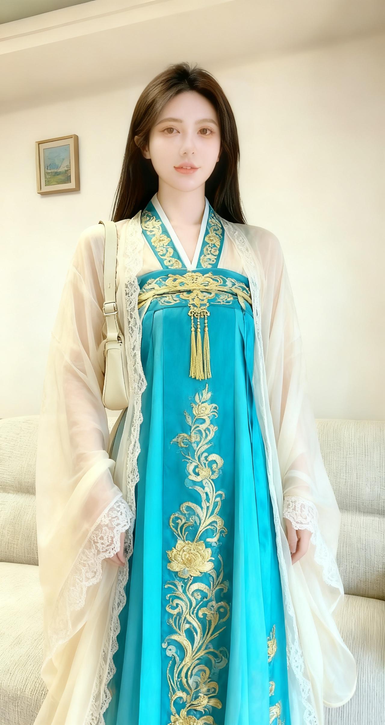 融合传统与现代审美的古风服饰，内层是一件湖蓝色裙，裙身点缀着精致的金色缠枝花纹刺