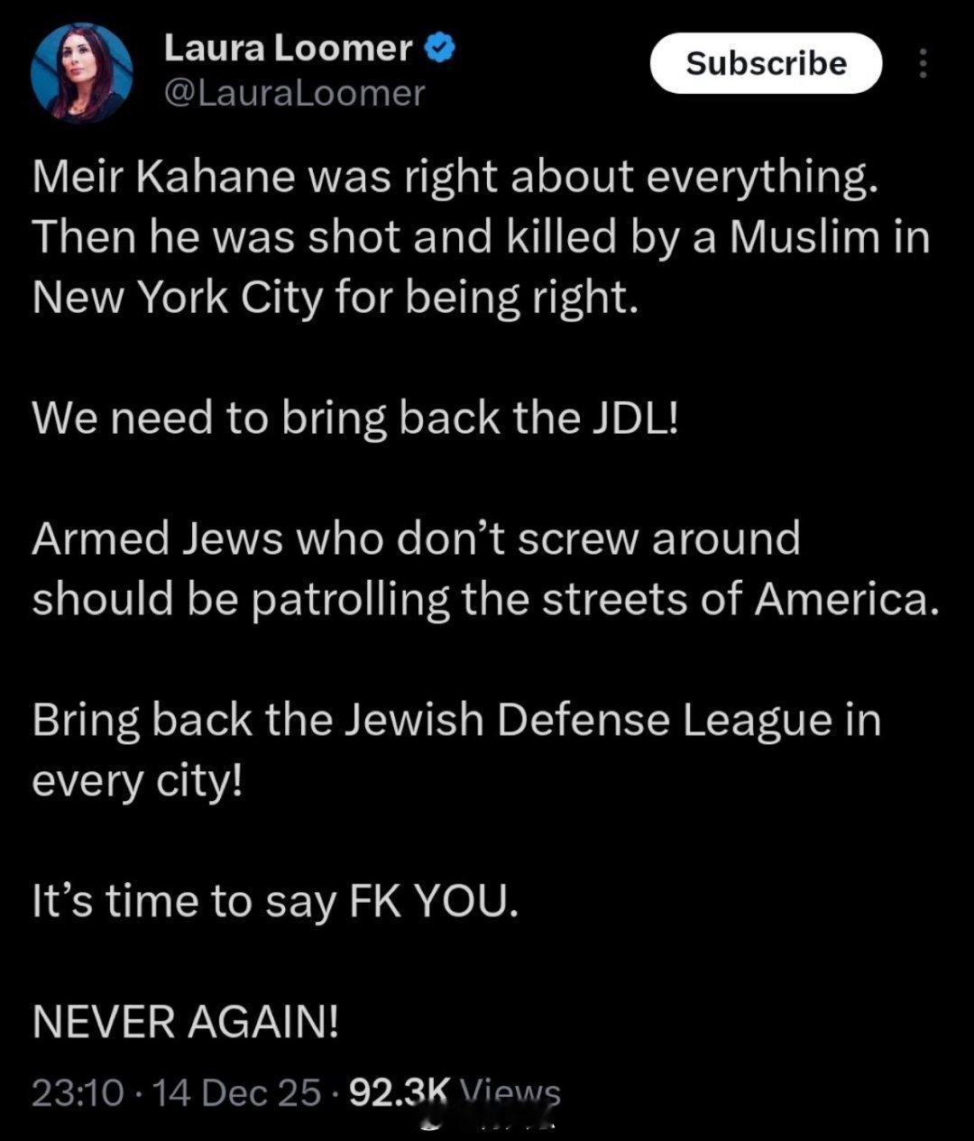 劳拉·卢默呼吁在美国的大街小巷组建一支犹太人武装力量——以应对可能发生的悉尼邦迪