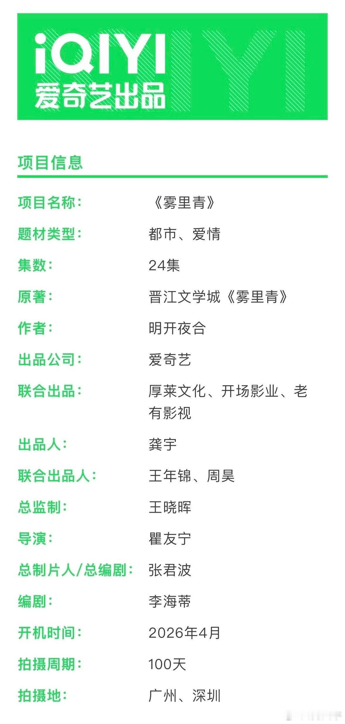 电视剧《雾里青》组讯❗️四月底开机主演：李现、张婧仪导演：瞿友宁总制片人/总编剧