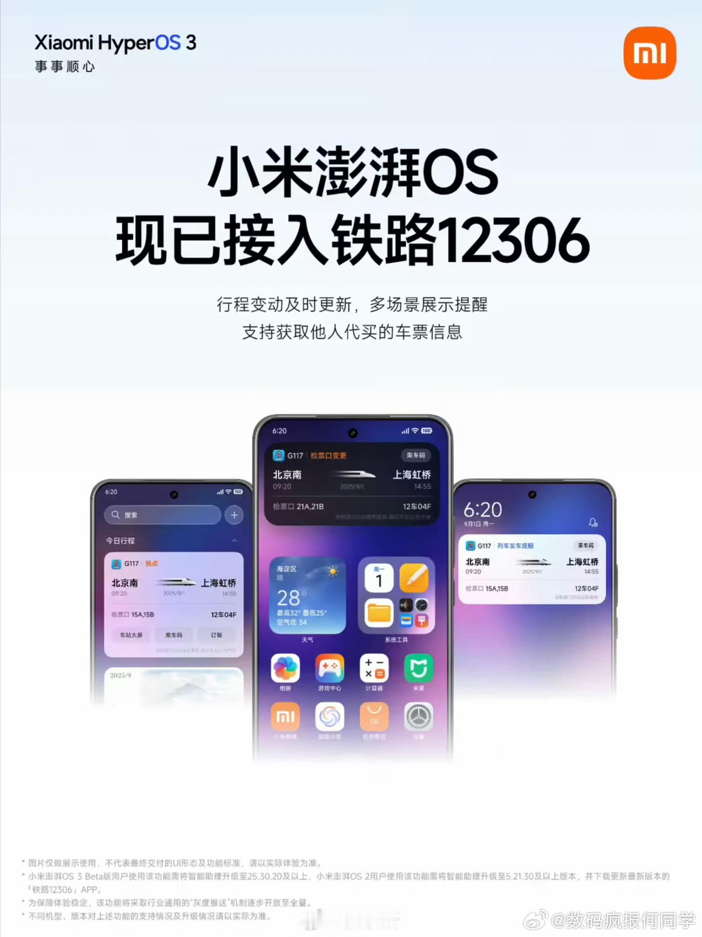 小米澎湃 OS 官宣接入铁路 12306，行程动态“上岛”，澎湃 OS 3 Be