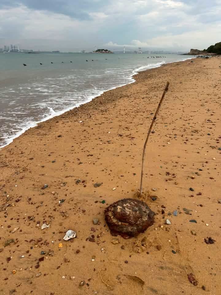 台海局势 金门海滩上又发现了两颗被冲上岸的美制M6A2反坦克地雷，图中可见厦门海
