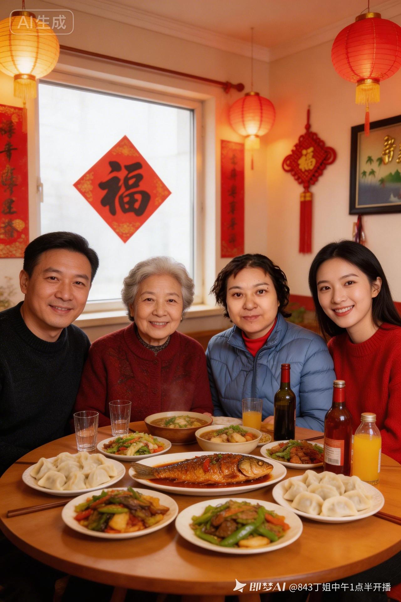 一家人围坐餐桌，共享丰盛年夜饭，幸福满满！🥟🐟🍲🍚