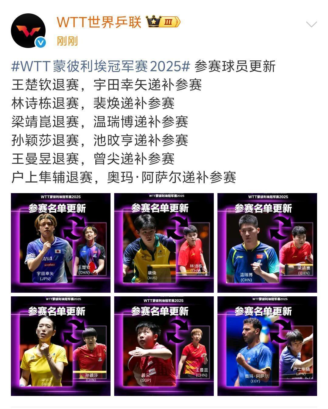 孙颖莎王楚钦蒙彼利埃冠军赛确认退赛，
另外还有王曼昱，林诗栋，梁靖崑也退赛。
