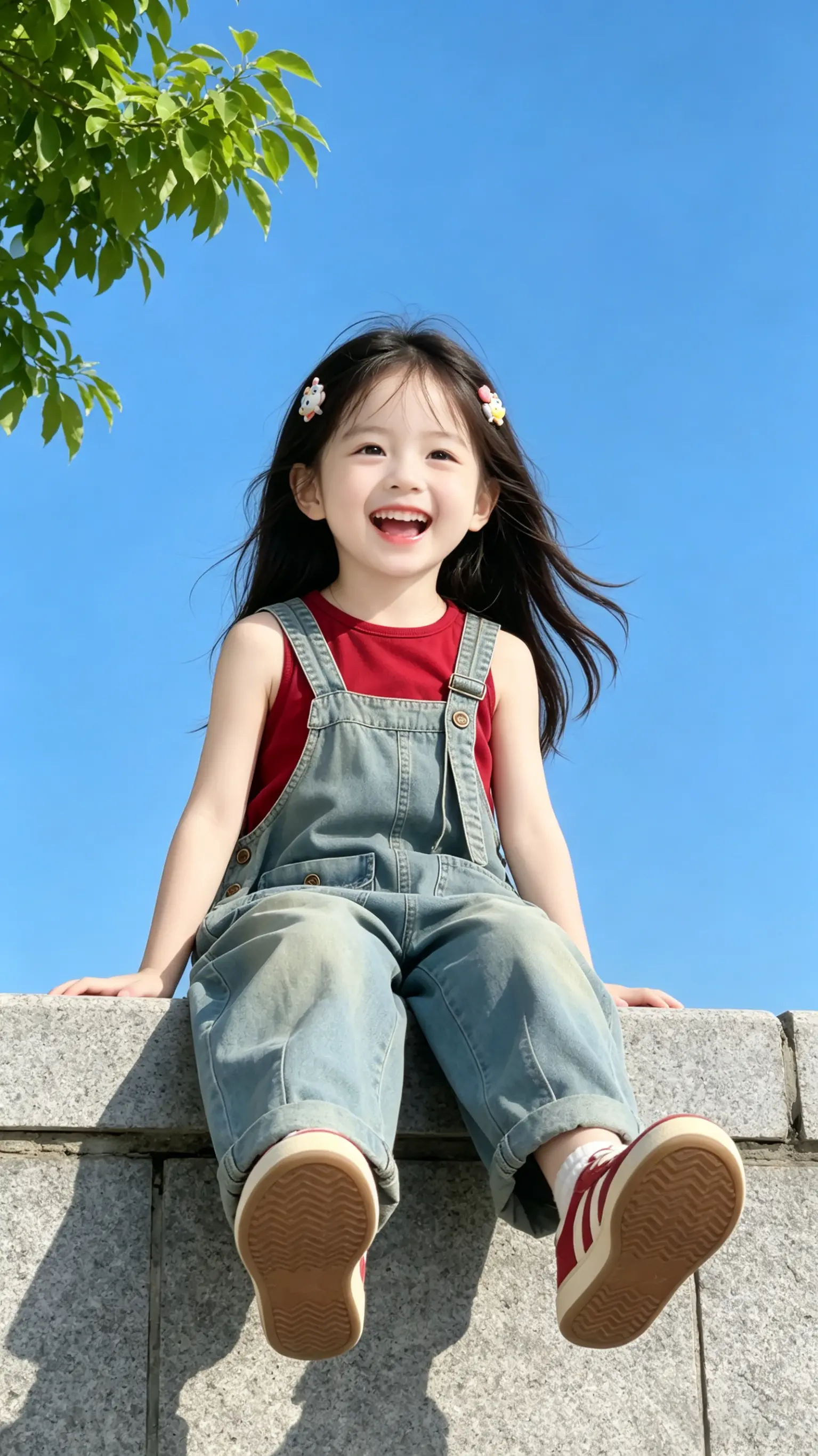 女儿的夏日穿搭。给女儿安排这套牛仔背带裤套装也太绝了！做旧水洗牛仔质感...