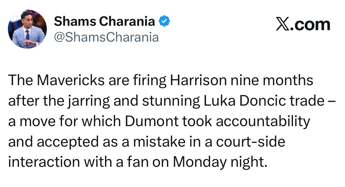 Shams：独行侠老板杜蒙特今天在场边与球迷互动时承担了责任，并承认交易东契奇这