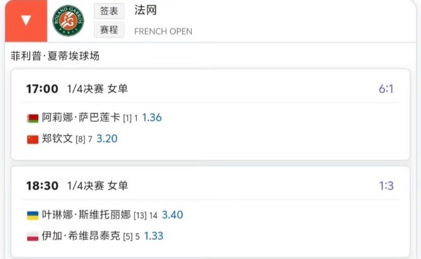 郑钦文周二17点再战萨巴伦卡！法网1/4决赛的安排已经出炉，明天菲利普·夏蒂埃球