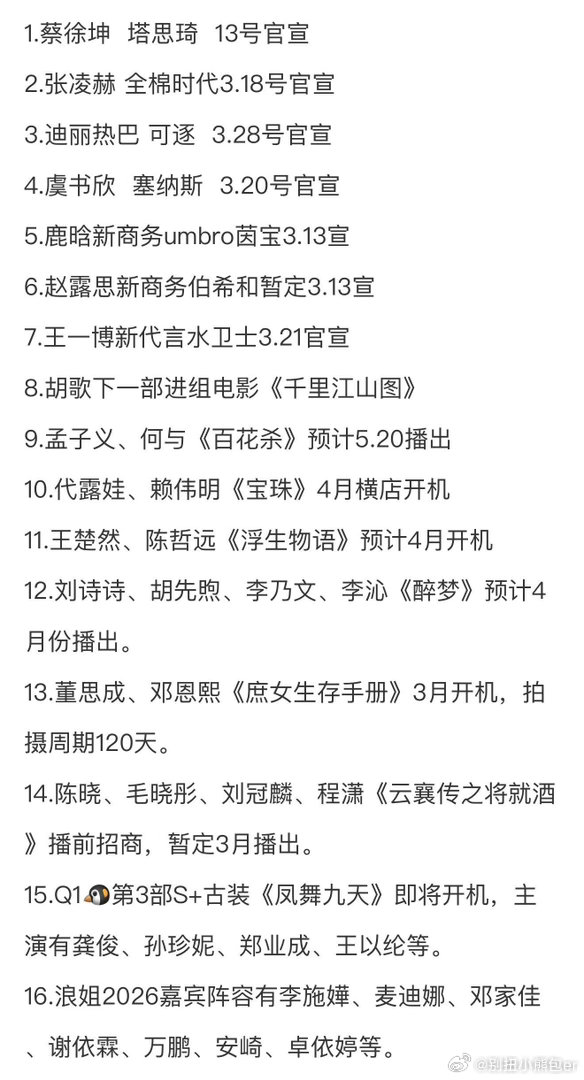 圈内小🍉1.蔡徐坤 塔思琦 13号官宣2.张凌赫 全棉时代3.18号官宣3.迪
