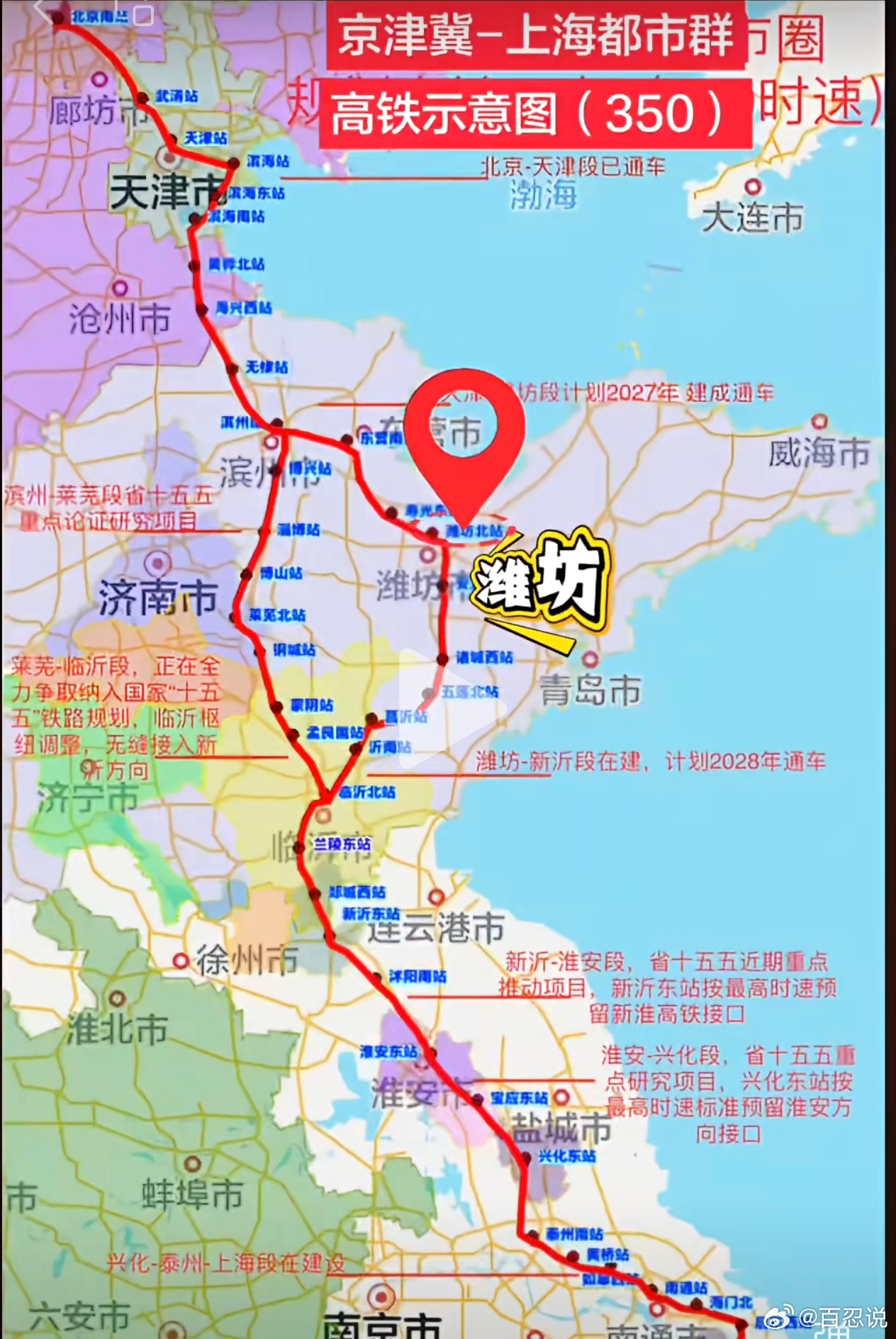 京沪二线的高铁，在山东境内搞了个二合一的路线，淄博成了弓弦，潍坊成了弓背，比较浪