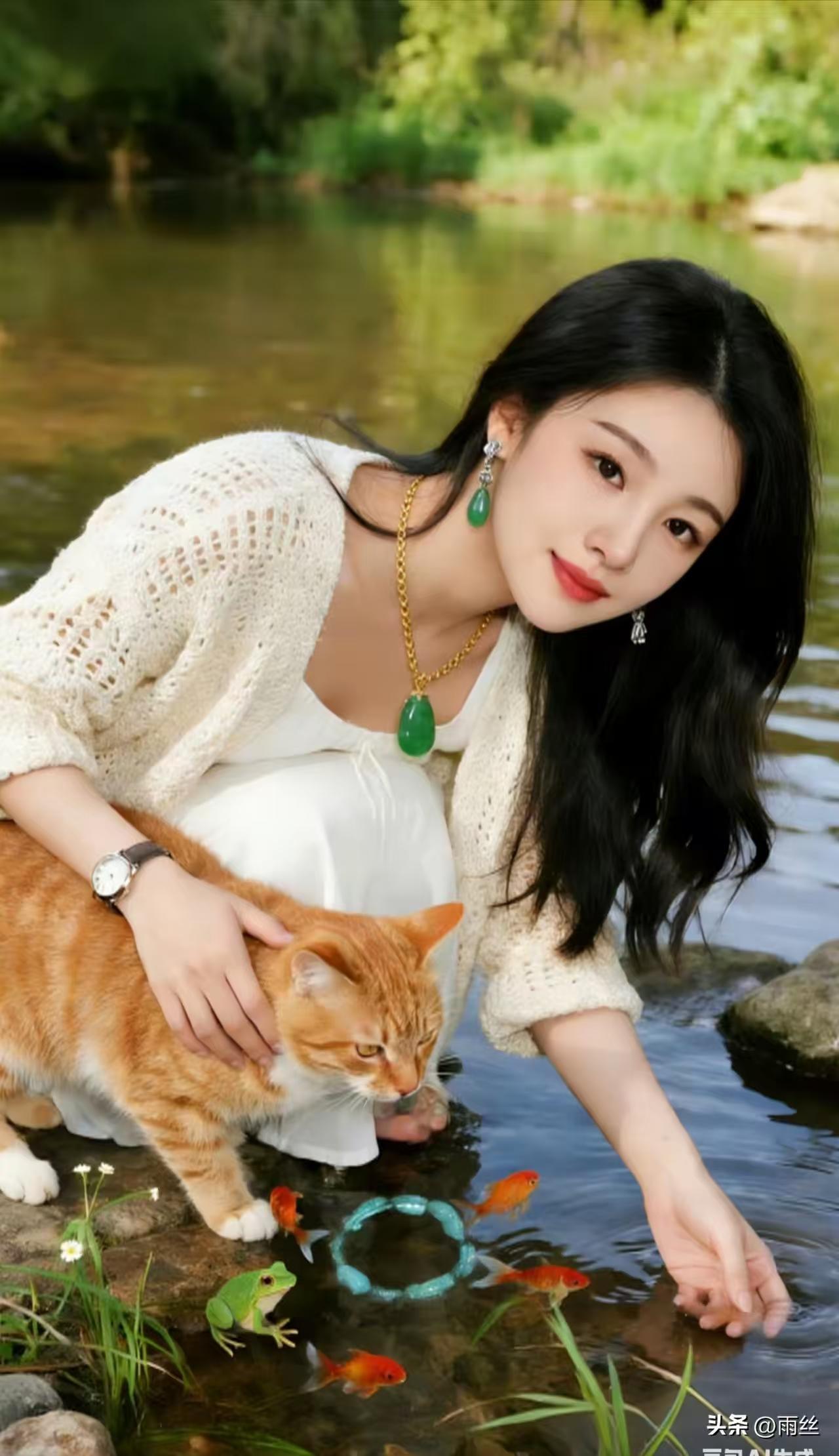 天净沙·溪畔
溪光翠影环明，
狸奴卧侧耳宁。
手引金鳞戏情，
风柔物灵，
一溪清