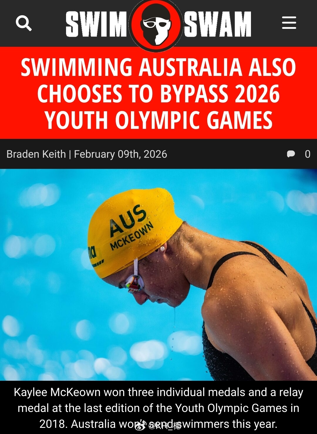 🇦🇺澳洲游泳队同样选择不参加今年达喀尔青奥会 