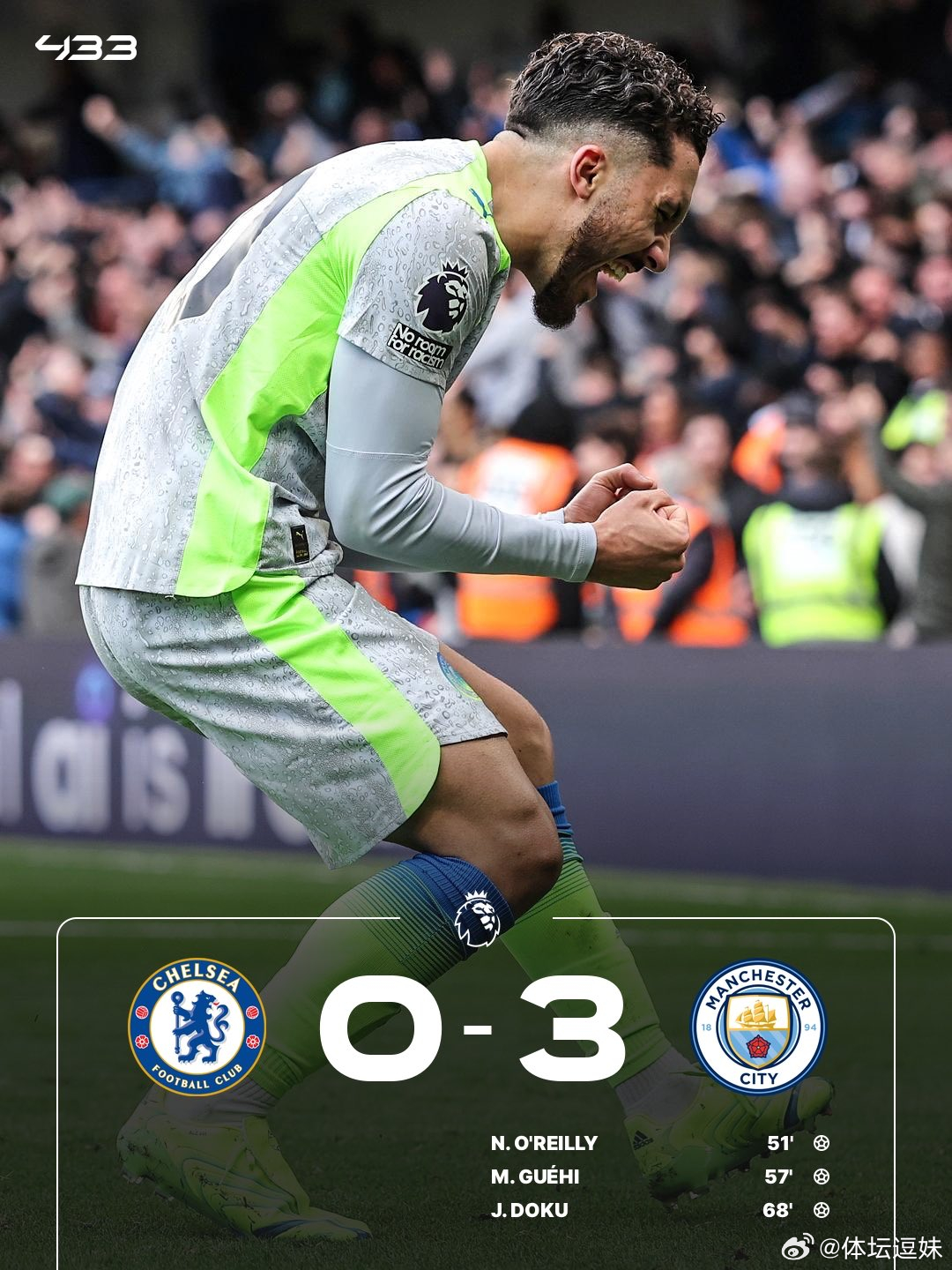 曼城3-0切尔西！少赛1场距枪手6分！奥赖利多库破门 