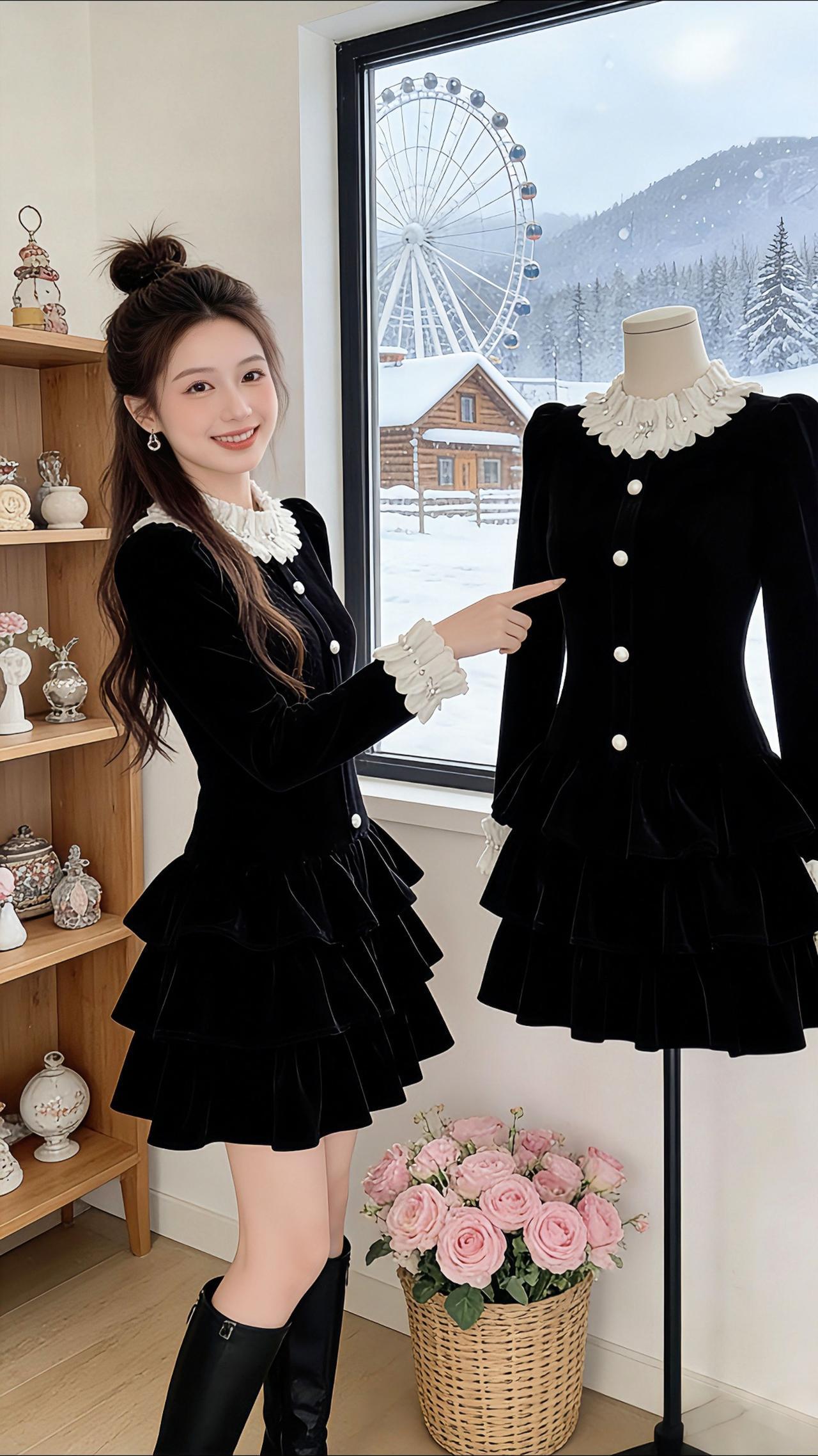 Danny冬日挖到的丝绒小黑裙也太戳心了！软乎乎的丝绒面料贴身穿不扎，荷叶边领口