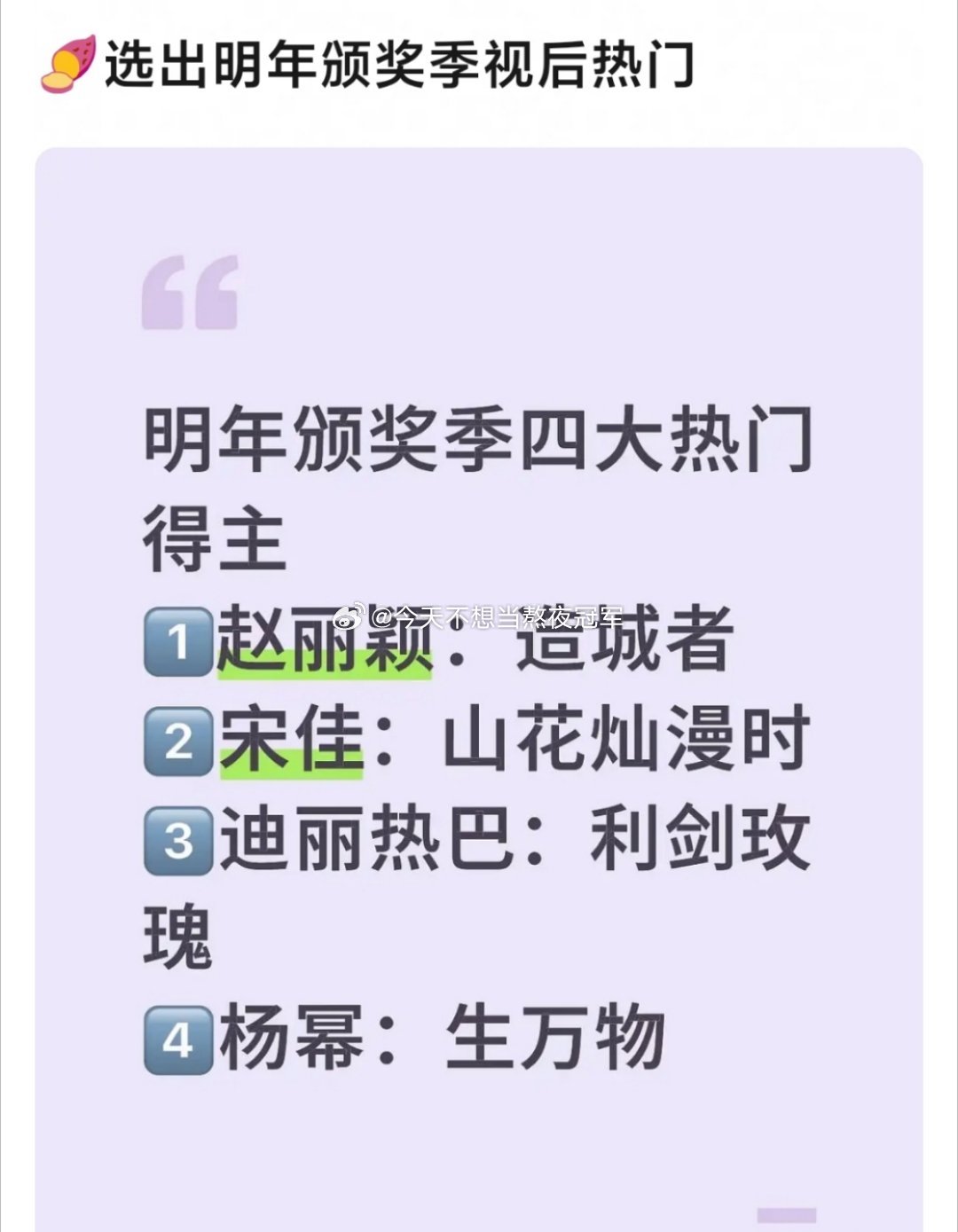 网友提名的明年主流视后种子选手[努力]赵丽颖造城者宋佳山花烂漫时迪丽热巴利剑玫瑰
