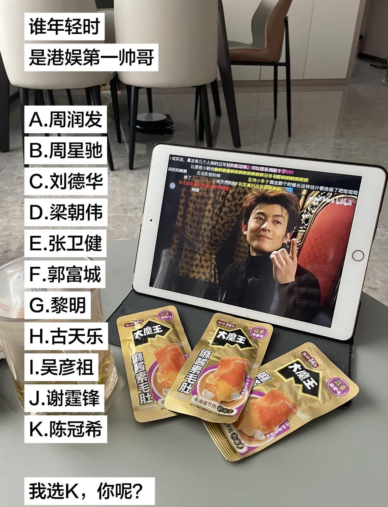 谁年轻时是港娱第一帅哥？A.周润发B.周星驰C.刘德华D.梁朝伟E.张卫健F.郭