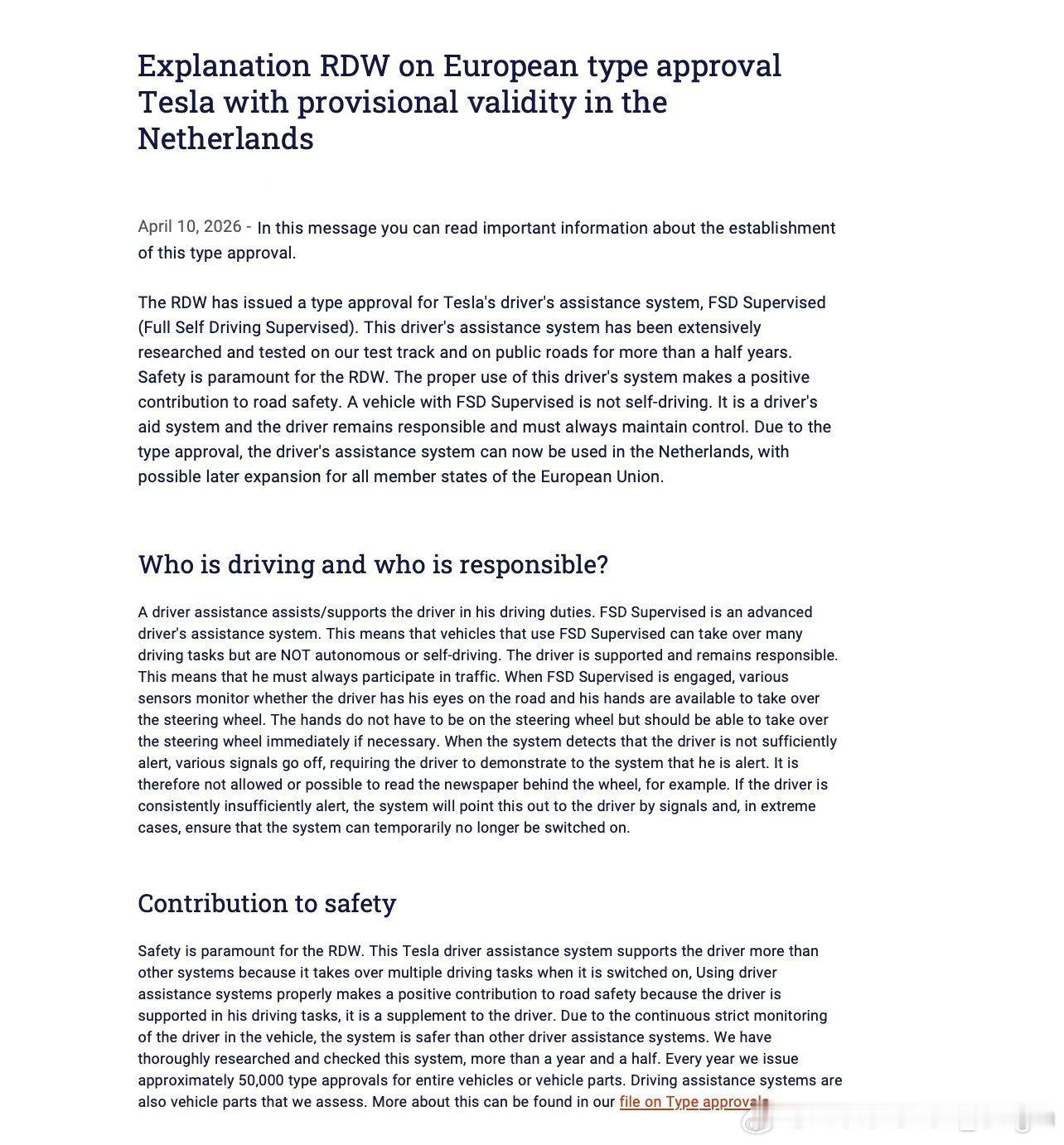 欧洲汽车市场 欧盟首个国家批准特斯拉FSD上路。荷兰车辆管理局RDW于当地时间4