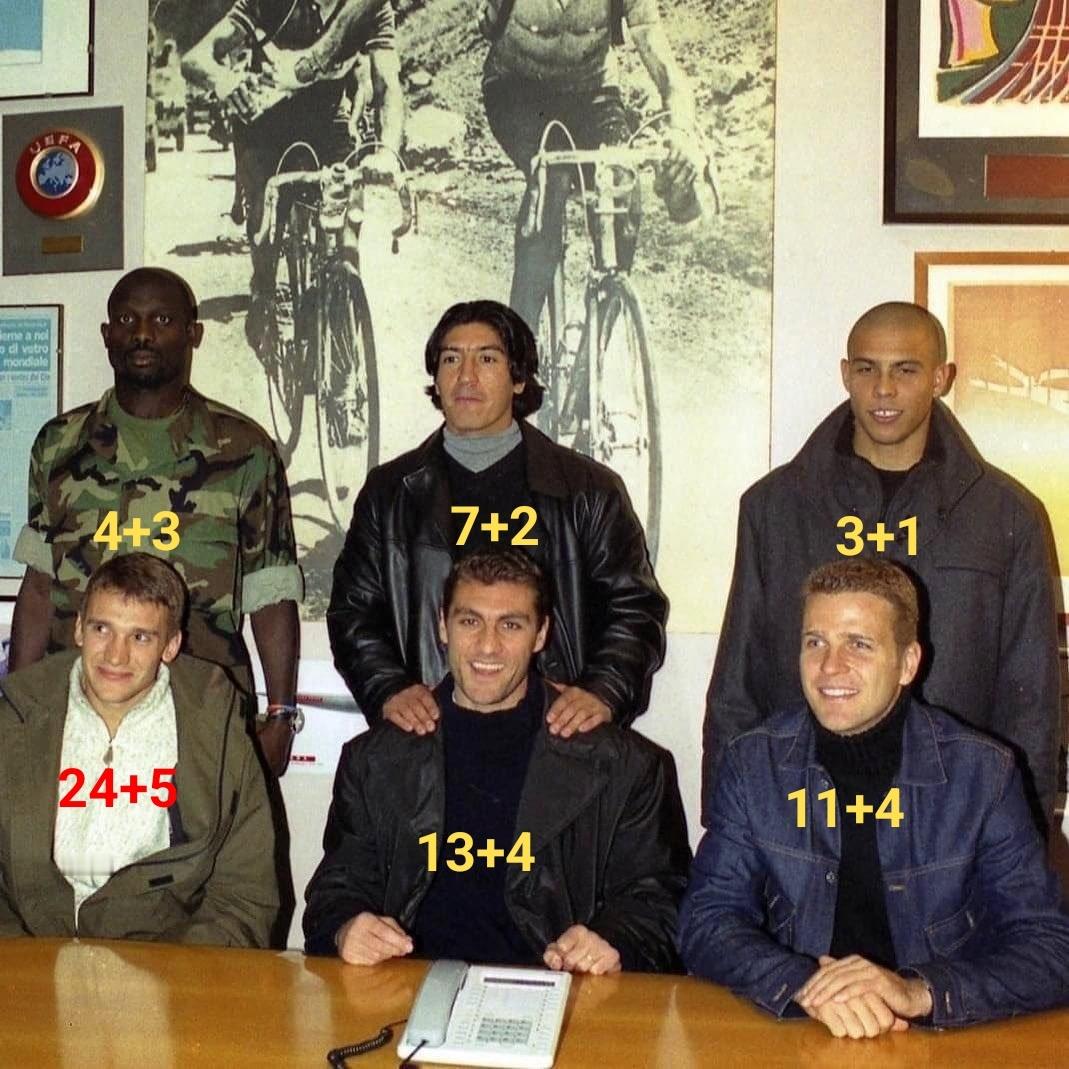 1999/20赛季，季前米兰城神锋合影。不过罗纳尔多和维阿联赛制造进球数都没进入