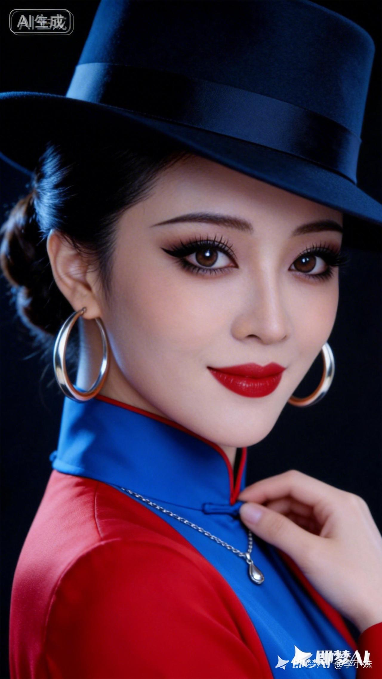 这是一位戴帽子的女士，穿红蓝衣服。