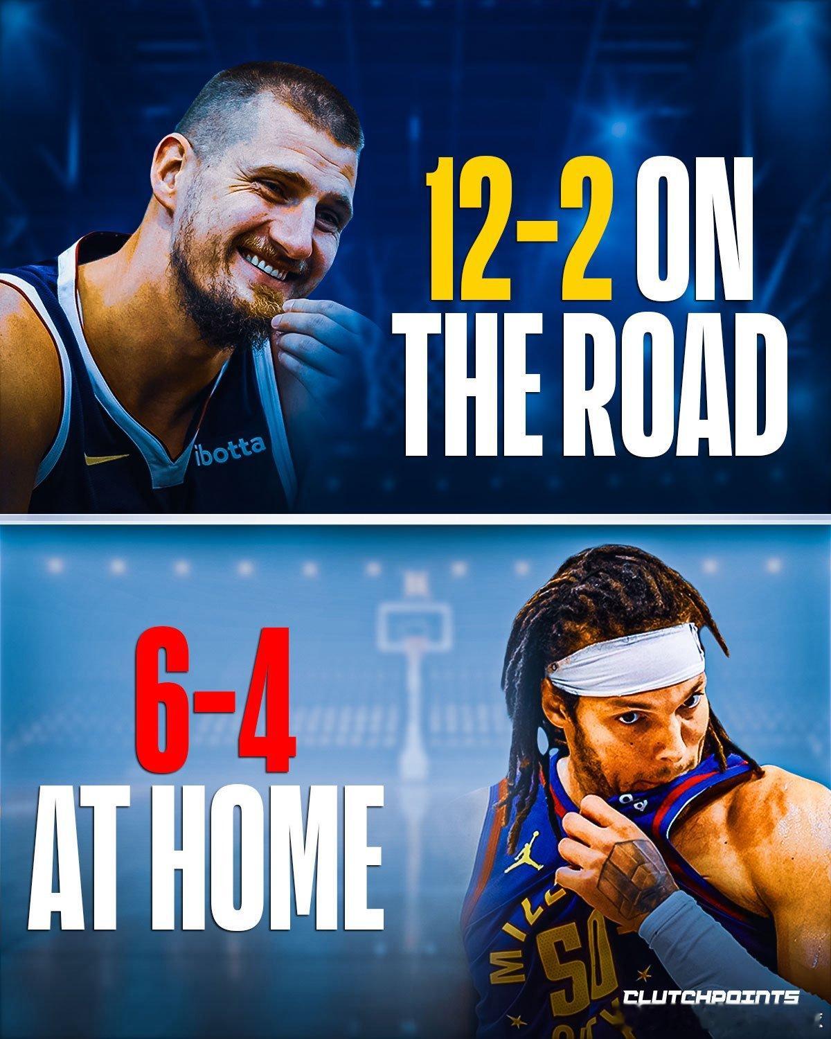 有意思的数据！掘金客场的战绩明显好于主场！！目前掘金主场战绩为6胜4负，而且主场