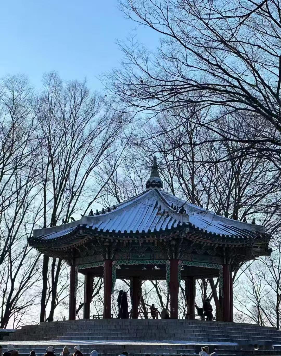 那天，踩着薄雪出门，脚底下发出咯吱咯吱的轻响，一抬头就撞见了这座藏在林间的亭子，