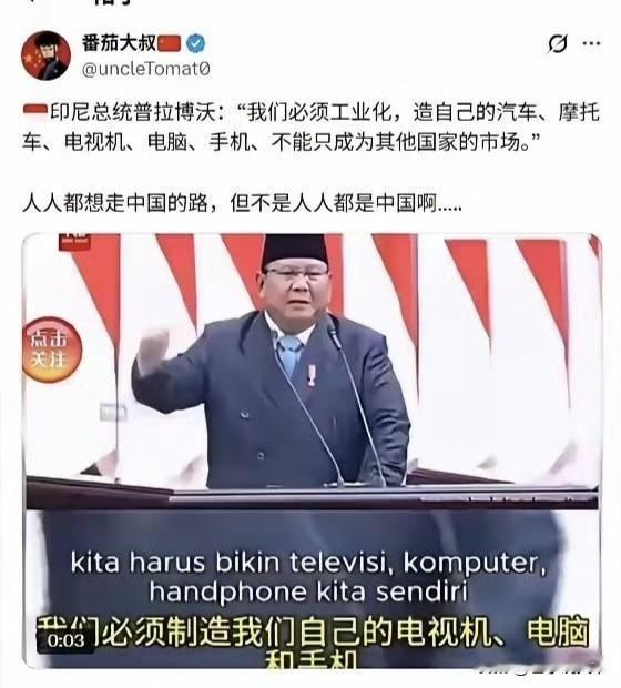 都想复刻中国工业化，光靠口号远远不够。

印尼总统公开发声，立志发展本土工业，汽