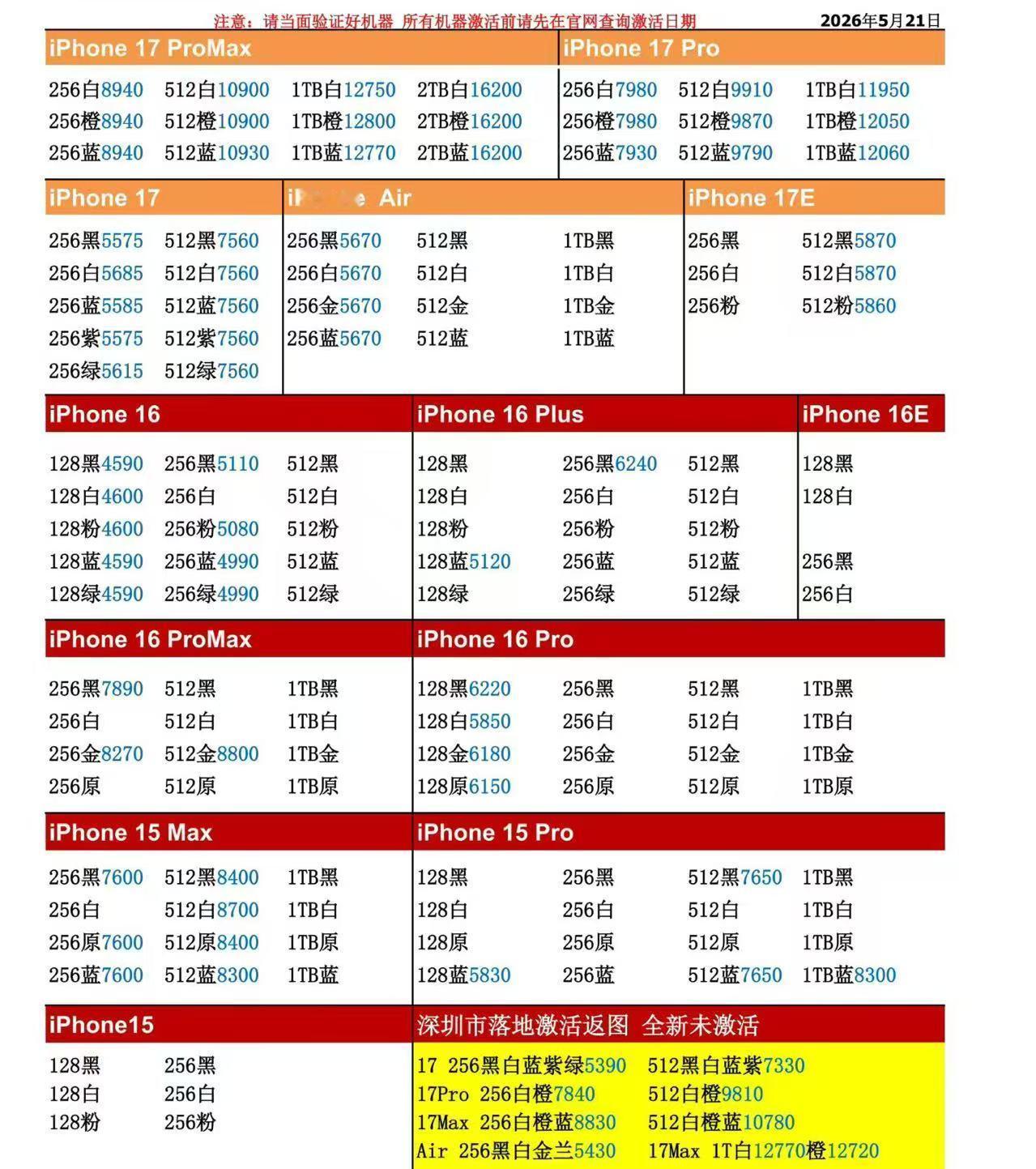 26年5月21日国行苹果手机系列价格更新，今天的17系列大多数型号小跌，普遍小跌