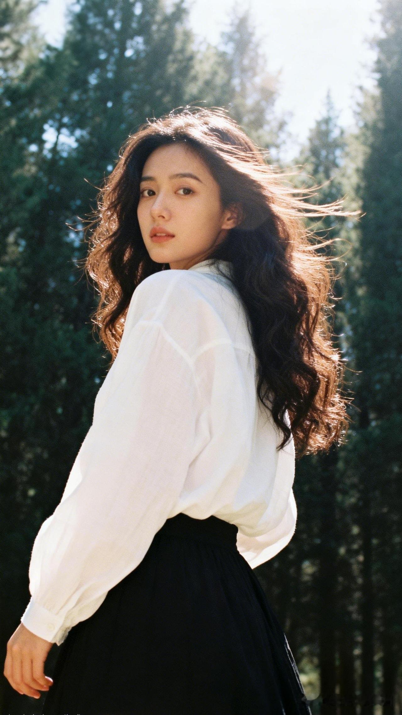 森林中的白衣少女，自然光下的唯美瞬间。
