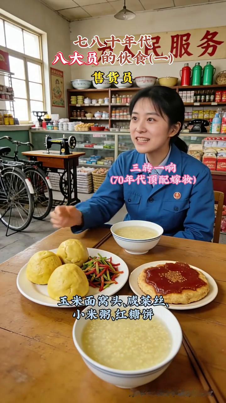 七八十年代八大员的伙食(一)。
·售货员：三转一响，玉米面窝头、咸菜丝、小米粥、