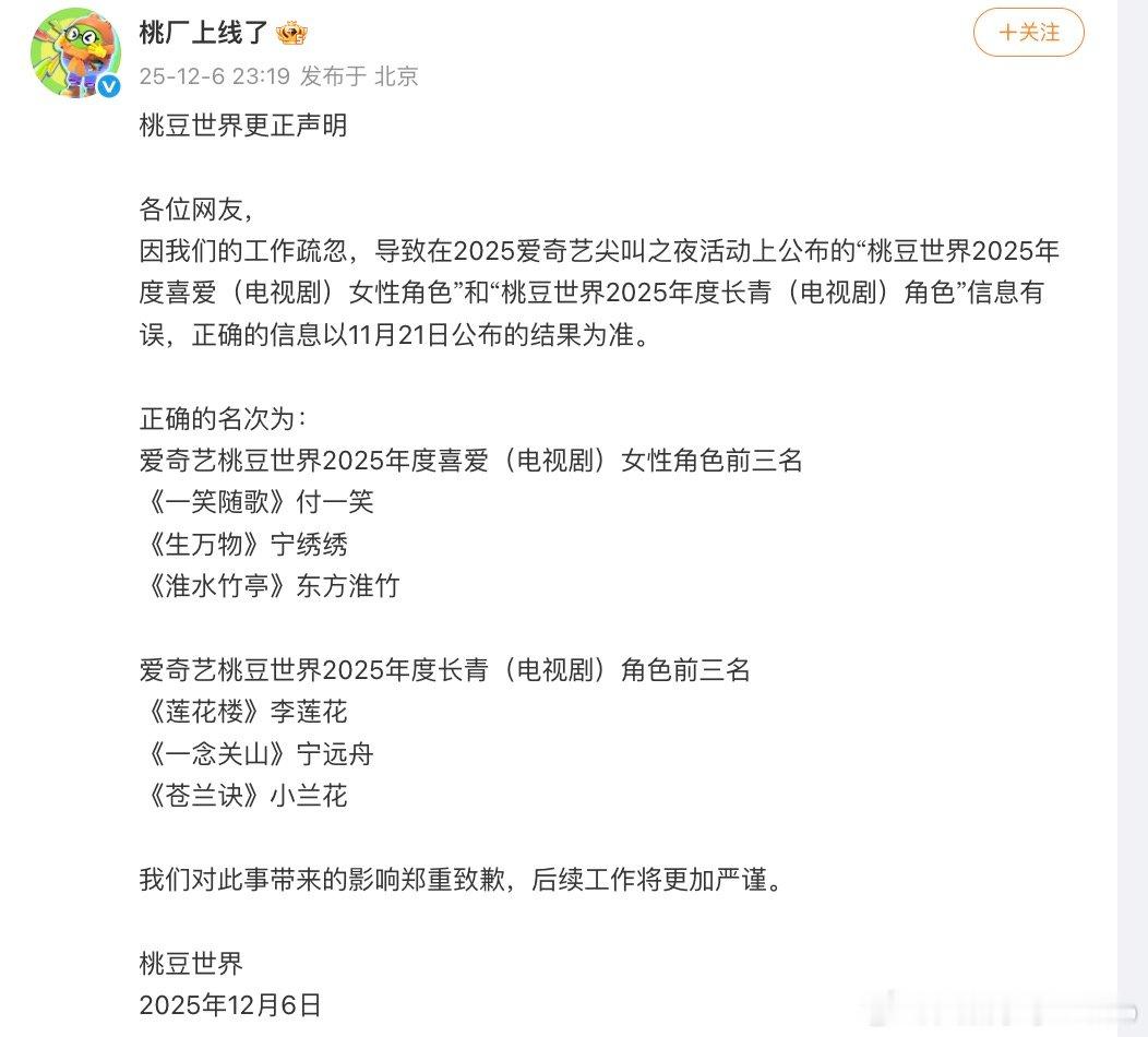 【桃豆世界更正声明，桃豆世界致歉】12月6日，发更正声明，“各位网友，因我们的工