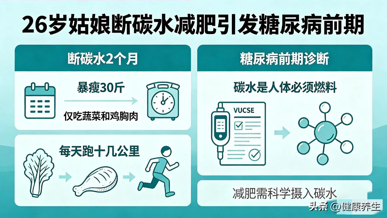 26岁姑娘断碳水两个月暴瘦30斤，结果查出糖尿病前期。

她只吃蔬菜和鸡胸肉，一