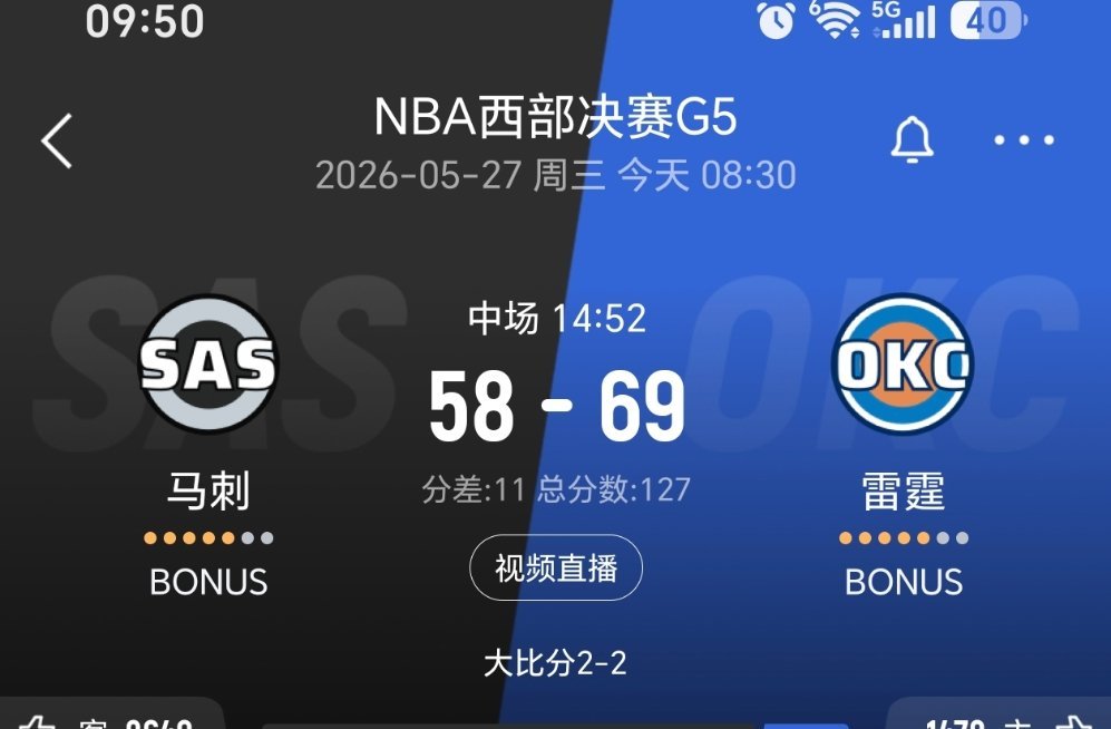 上半场结束，马刺落后11分！马刺vs雷霆nba季后赛