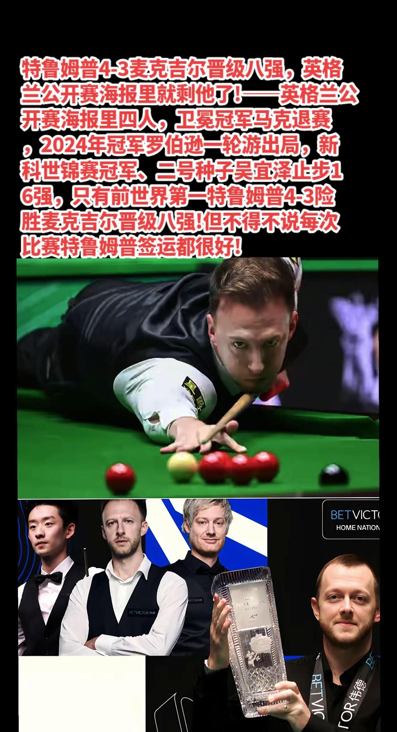 前世界第一特鲁姆普晋级八强。