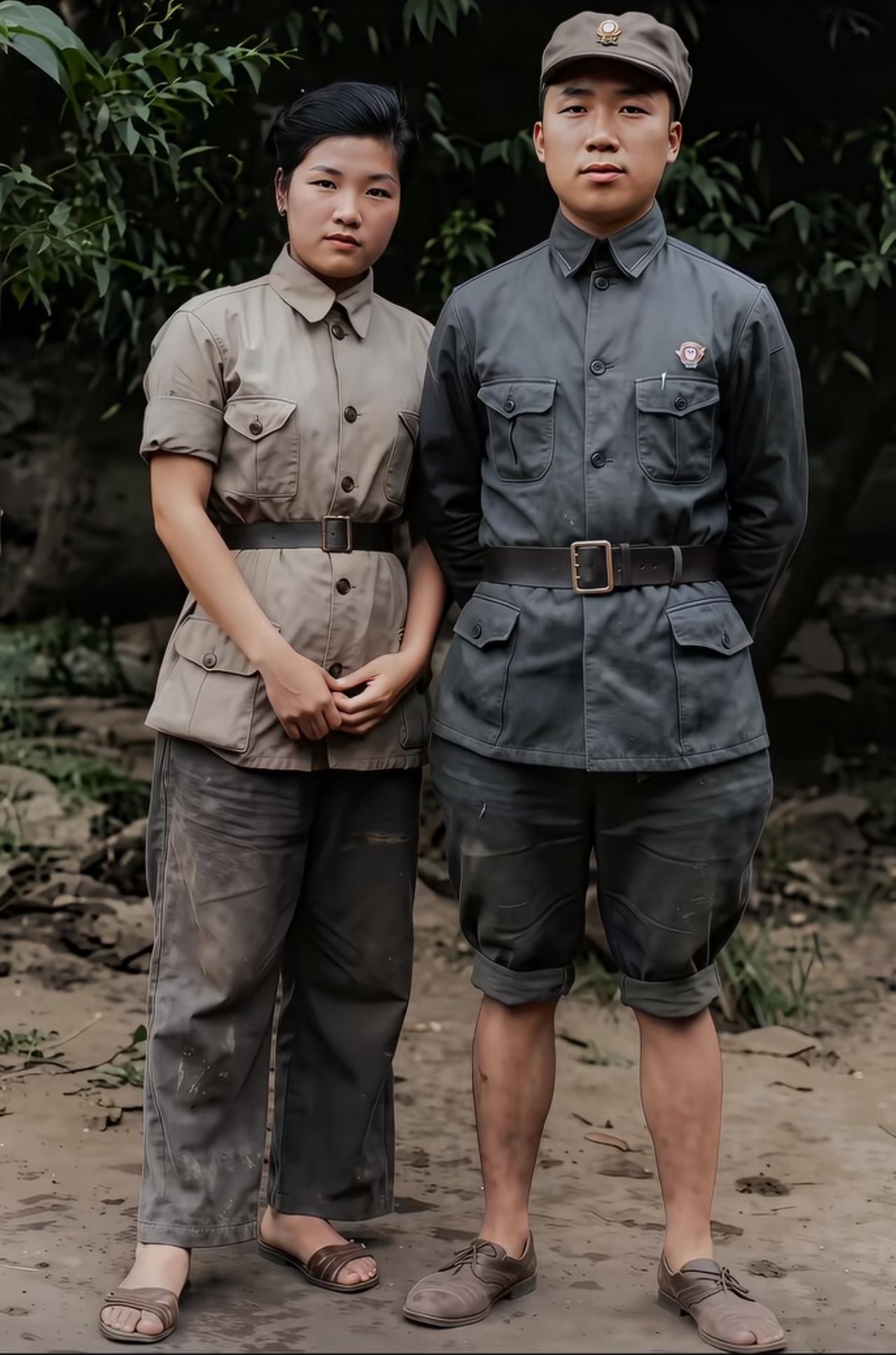 1939年延安王家坪，滕代远和妻子林一拍摄合影。林一容貌清秀，身姿利落，别看她一