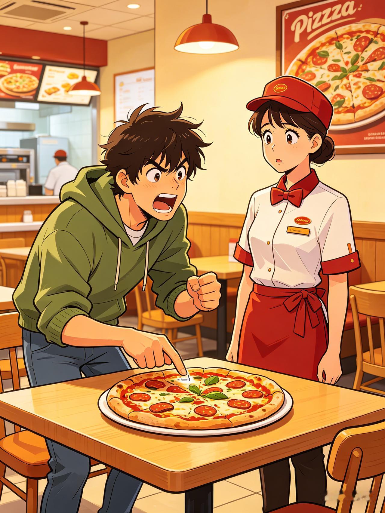 吃披萨点了个 12 寸的，结果服务员说做不了，问换成两个 6 寸的行不行。我那朋