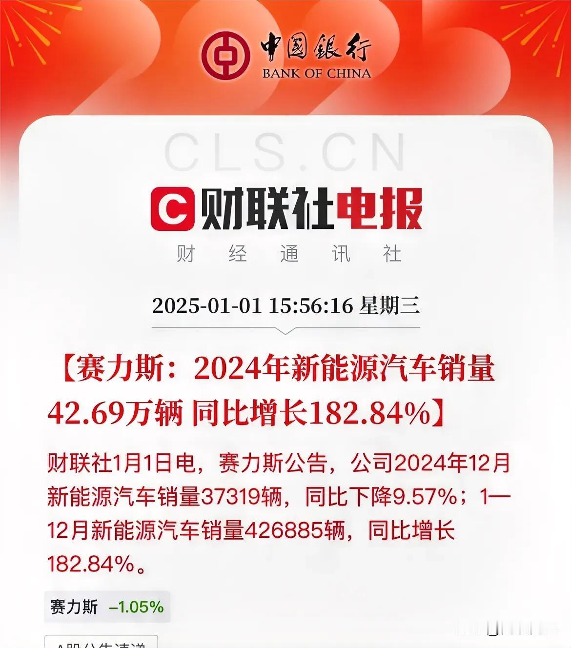 遥遥领先！赛力斯全年交付量同比增长182%

12月份交付3.7万辆，同比下降9