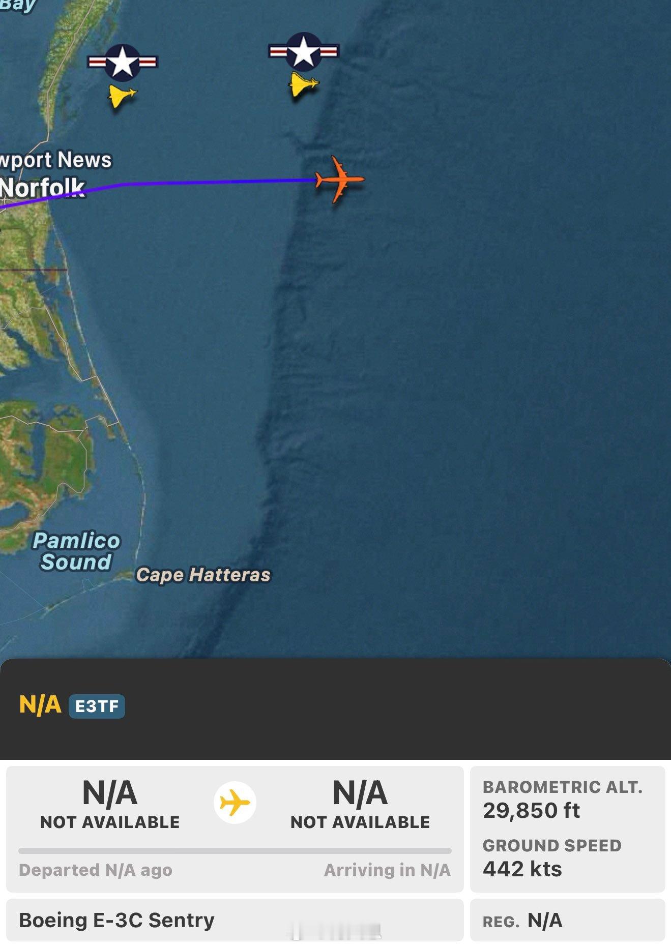 刚刚收到的信息：一架 E 3C 侦察机正从美国东海岸起飞，从诺福克向东部方向飞行