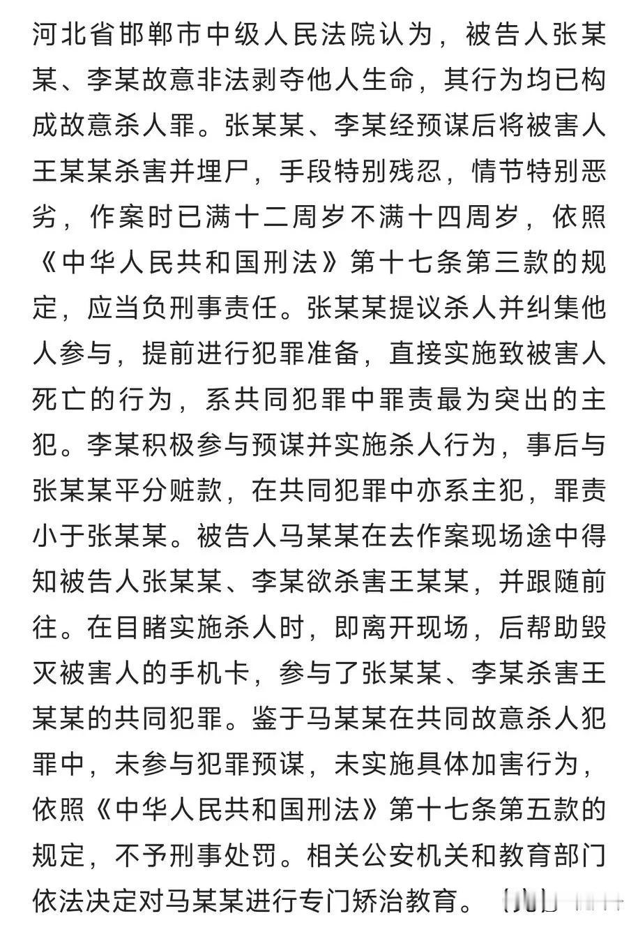 邯郸三名初中生杀人并埋尸案，
判决结果出来了！

负主要刑事责任的张某某判无期徒