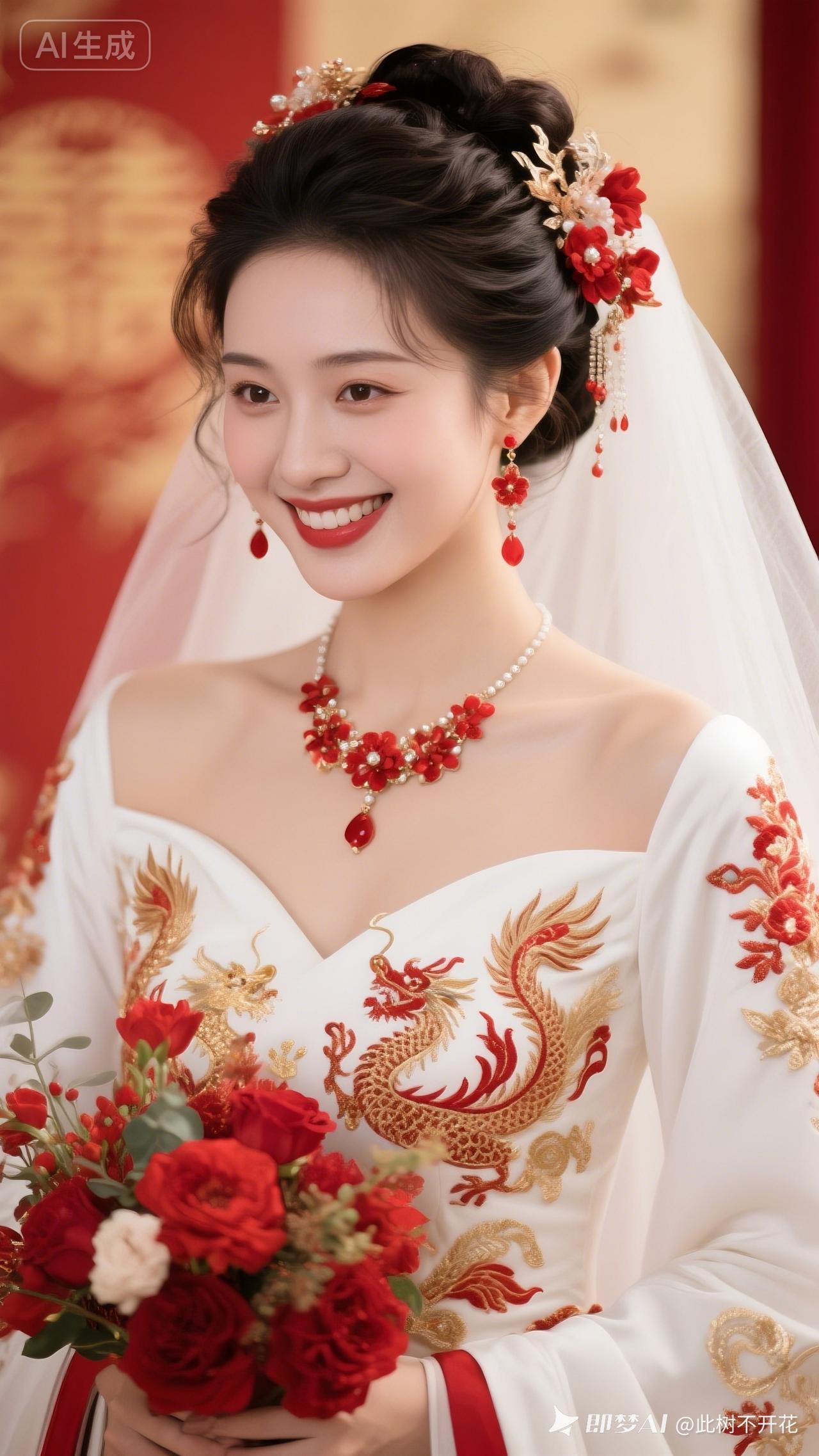 绝色美人肌肤白皙细腻，盘发微乱蓬松，点缀精致新娘发饰。身着红白新金刺绣龙凤呈祥礼