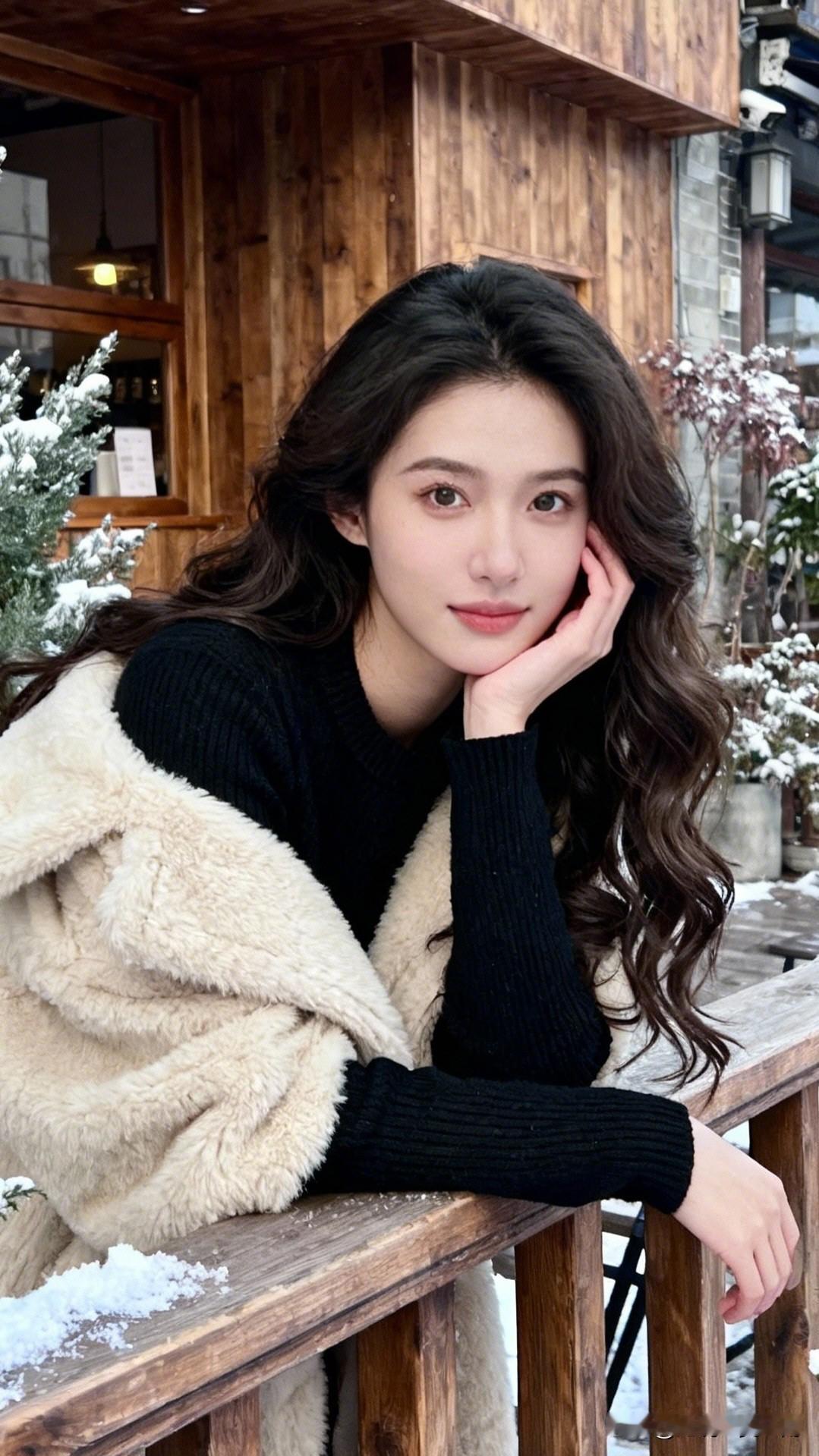 雪中倚栏思，寒意入眉梢。雪山少女感穿搭 冬日暖阳下，温柔少女倚栏沉思。