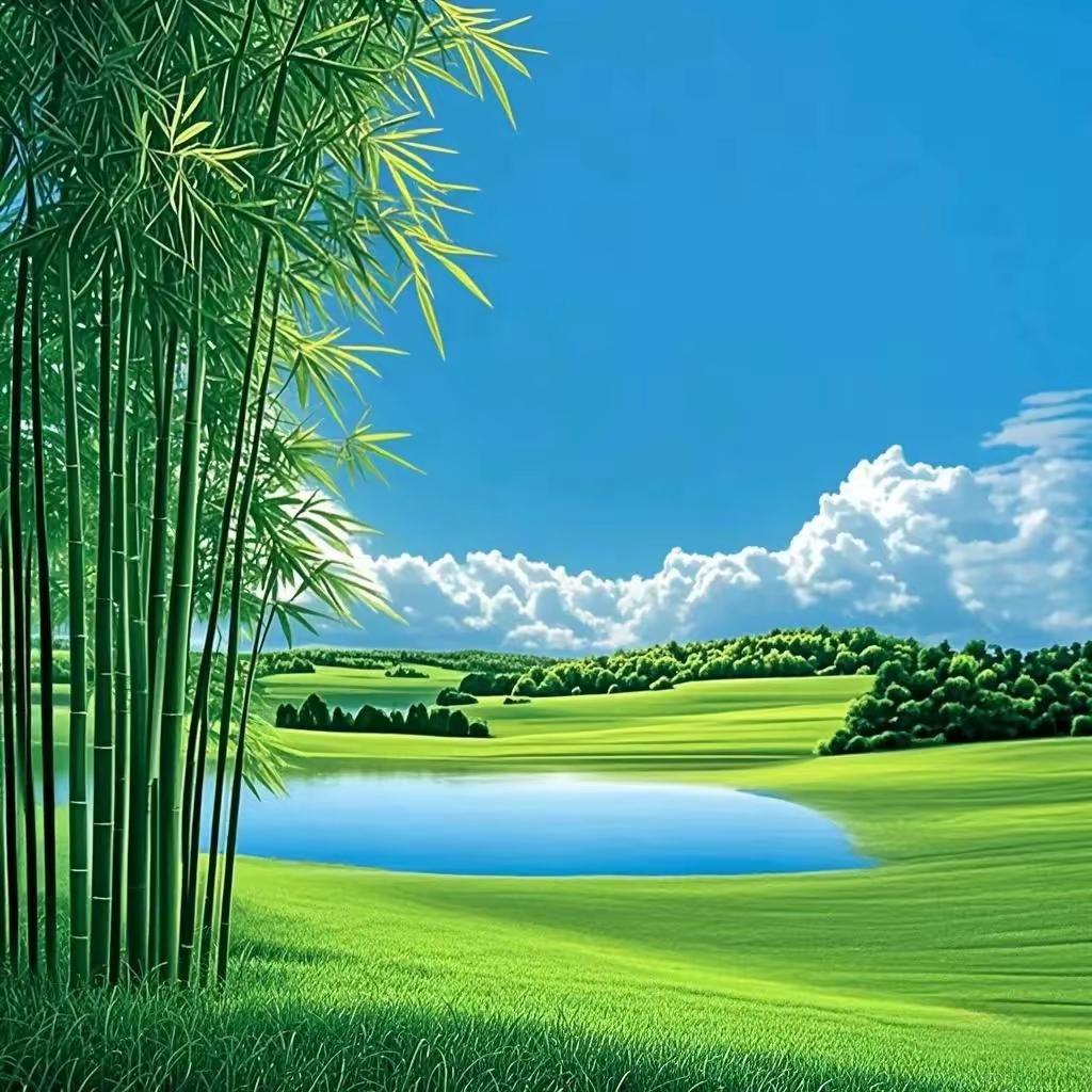 竹林掩映的湖畔，绿意盎然，静谧如画。
