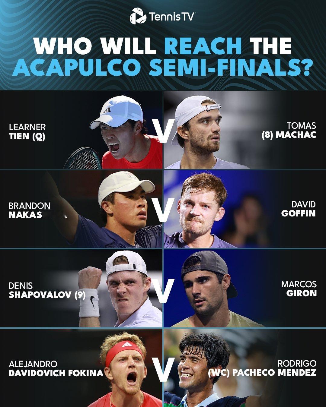 ATP500阿卡普尔科站八强对阵：勒纳·钱vs马哈奇中岛布兰登vs戈芬沙波瓦洛夫