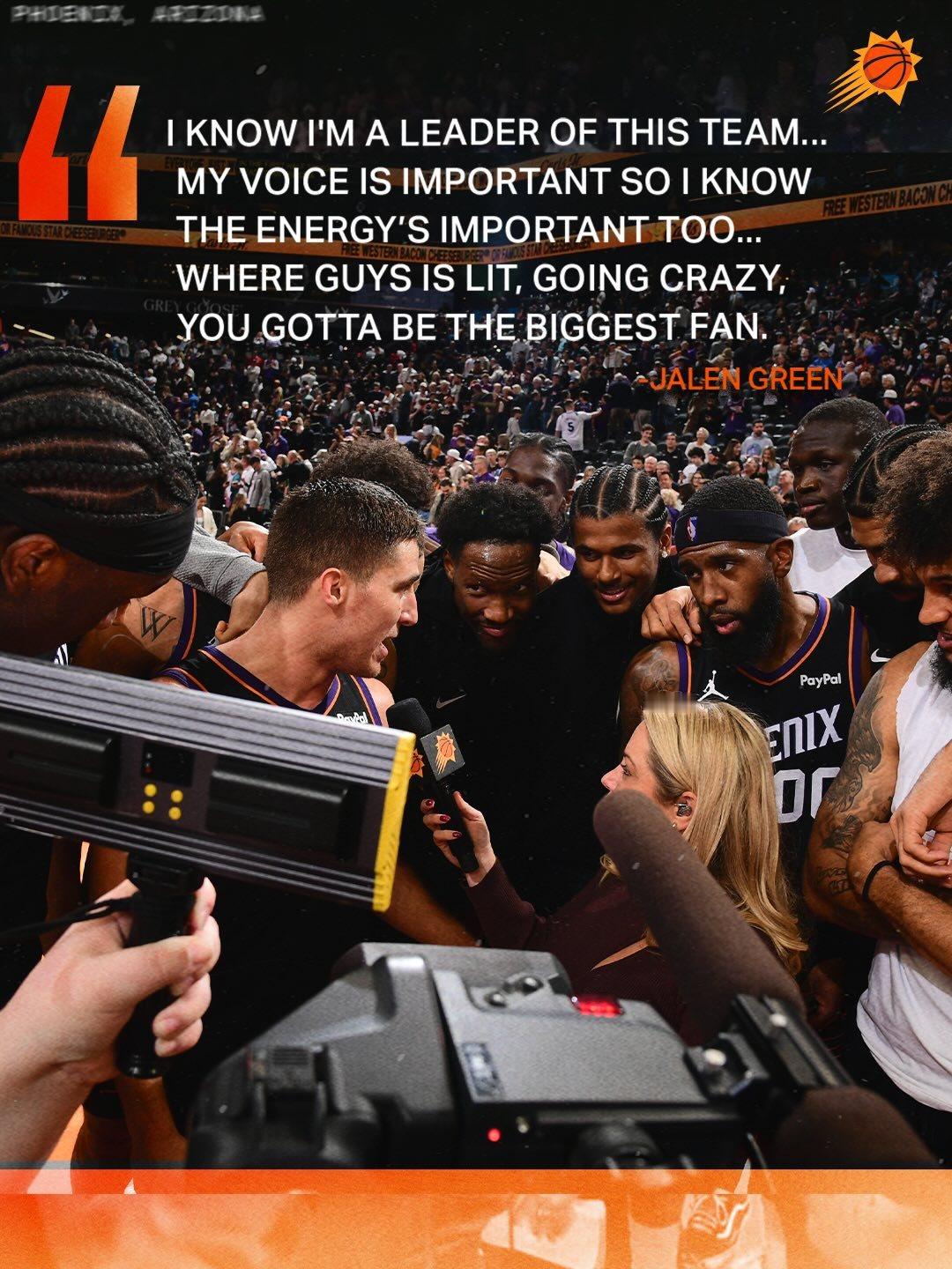 “作为球队的领袖之一，我知道自己的声音很重要，能量也一样重要。当兄弟们在场上打得