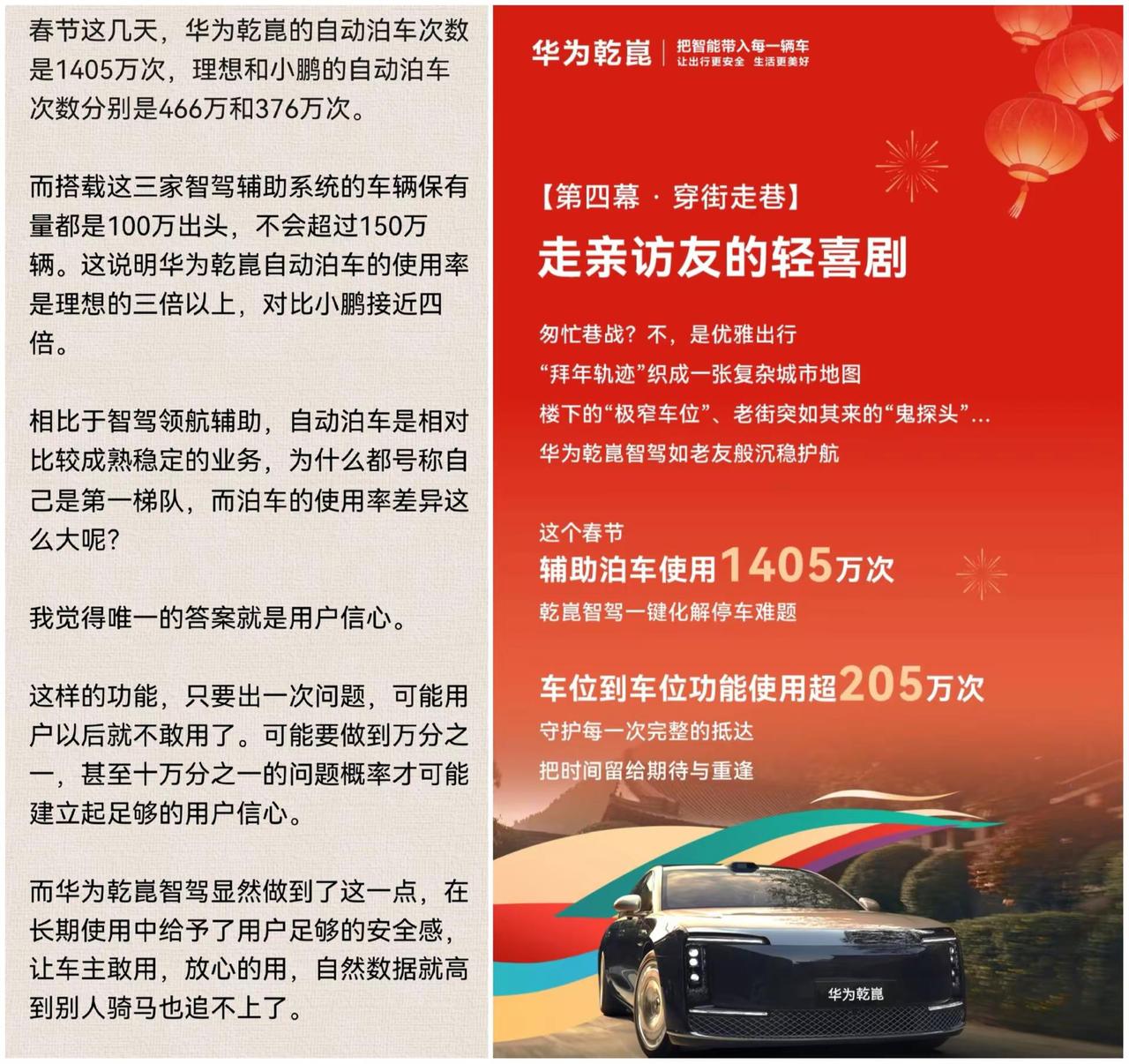 春节期间，华为乾崑智能泊车次数是理想，小鹏的三倍以上华为乾崑小鹏NGP