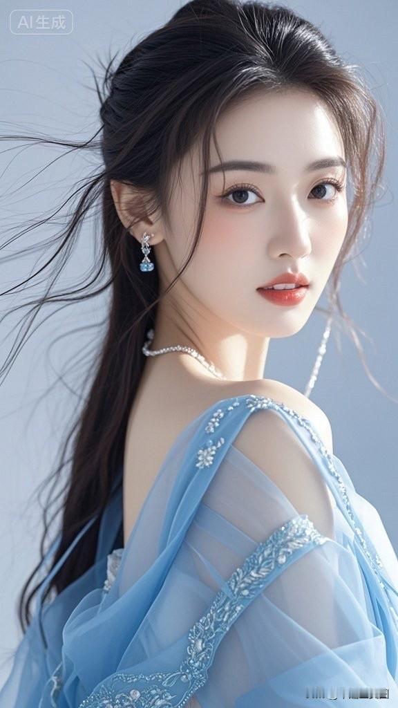 梦幻蓝裙少女，甜美笑容，耳畔蓝宝石闪耀，仙气十足！💙✨