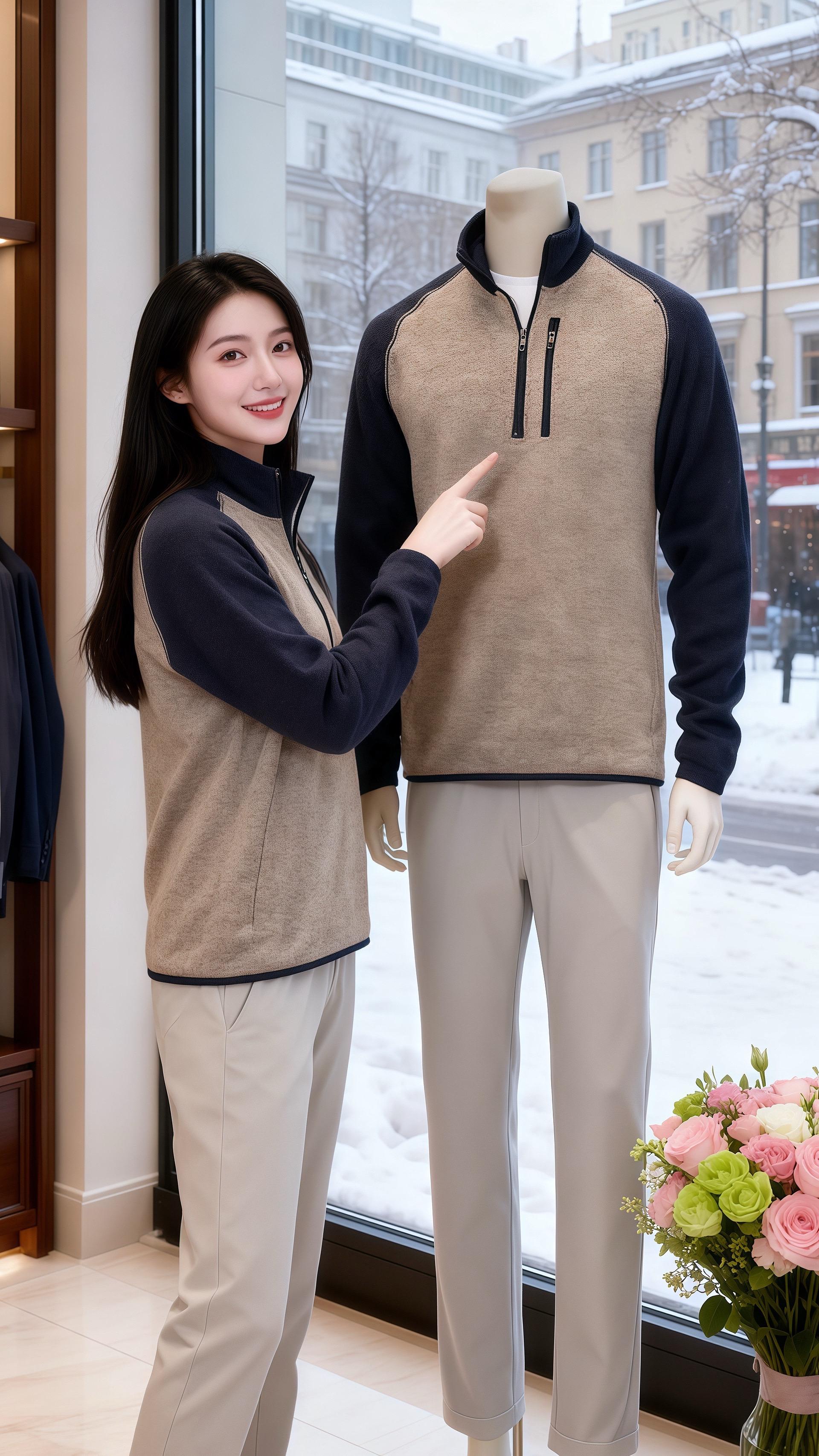 雪絮裹着橱窗时，我在男装店撞见她——拼色抓绒衫的浅褐底色衬得肩线软而舒...